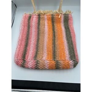 Bay Sky Pink Orange Striped Woven Straw Tote Bag Fringe Beach Shoulder Bag O/S